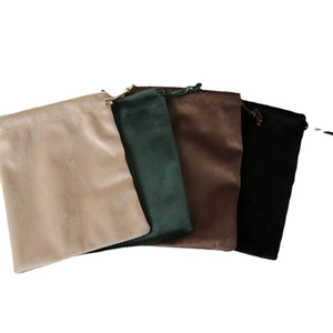 Soft velvet drawstring jewelry pouches in beige, green, brown and black colors