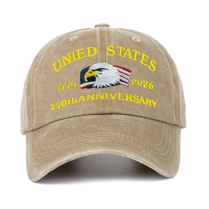 Close-up of 250th anniversary embroidery on khaki cotton washed baseball cap with eagle