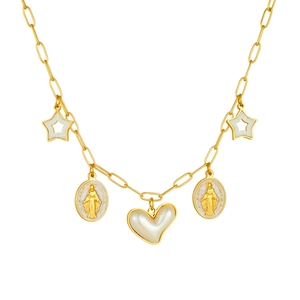 Golden multi-pendant necklace featuring star, heart, and saint relief charms