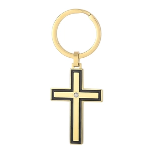 Golden stainless steel cross keychain with black enamel edges and metallic center detail