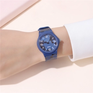 Close-up of blue camouflage quartz watch worn on wrist with resin strap detail