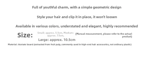 Size chart for acetate hair claw clips showing small, medium and large dimensions