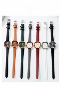 Collection of seven slim leather strap square watches in assorted vintage colors for women