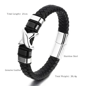 Men's vintage black braided genuine leather bracelet with stainless steel magnetic clasp