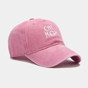 Vintage washed cotton baseball cap in rose pink with white CAT MOM embroidery