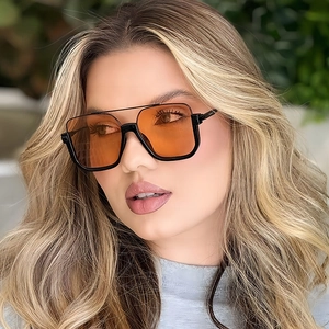 Fashion double-bridge half-frame sunglasses with orange lenses and black metal frame