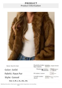 Detail view of brown faux fur jacket showing plush texture and sizing chart details