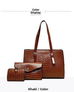 Three-piece khaki crocodile pattern bag set including tote, crossbody, and wallet