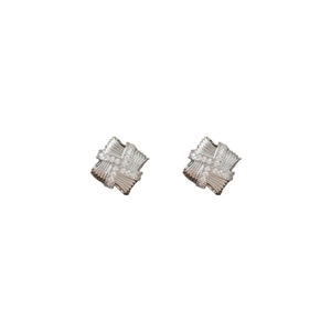 Silver needle stud earrings with square woven texture and sparkling cubic zirconia stones