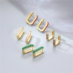 Stainless Steel Rectangular Hoop Earrings 14K Gold Plated Baguette Cubic Zirconia Geometric Ear Buckles For Women