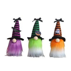 Three Halloween faceless gnomes with striped hats and pumpkin, bat, and skull motifs