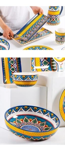Detail of hand-painted ceramic tableware set with vibrant geometric floral patterns