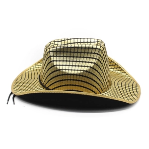 Metallic gold checkered cowboy hat with black trim and adjustable chin strap for parties