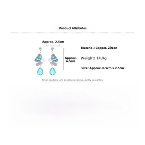 Detail specifications of butterfly tassel earrings with blue zircon in 2.5cm by 6.5cm size