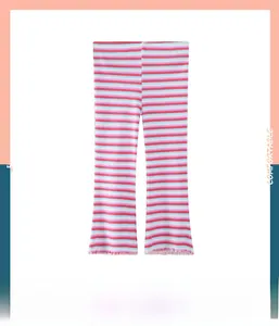 Detail of girls' striped flare pants featuring cotton rib-knit and lettuce-edge hems