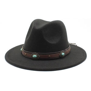 Chapeau fedora en laine noire avec bande en cuir turquoise pour hommes et femmes