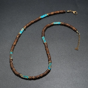 Bohemian men's necklace with brown coconut wood beads and turquoise stones