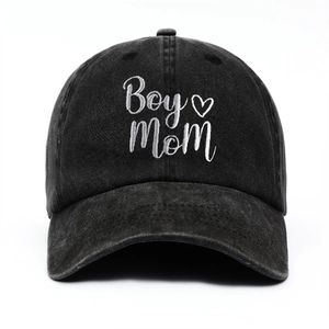 Washed cotton baseball cap in black with white Boy Mom embroidery and heart detail