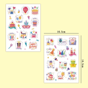 Detailed dimensions of 10.5x14.5cm Happy Birthday stickers with gold foil party elements