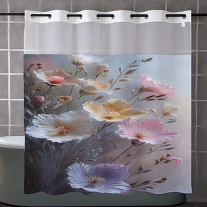 Detail of waterproof shower curtain with abstract floral print and metal grommet top