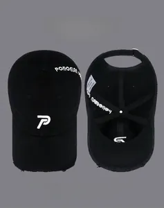 Detailed view of black 100% cotton baseball cap with distressed brim and P embroidery