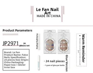 Detailed view of French blue-green plaid press-on nails with JP2971 set specifications