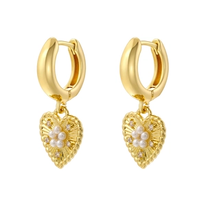 Detail showing vintage gold heart earrings with clustered pearls and zircon accents