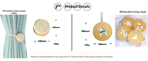 Detail view of woven cotton rope curtain tiebacks and wood magnetic buckles with animal patterns