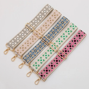 Ethnic style colorful embroidered wide shoulder straps with gold metal hooks and buckles