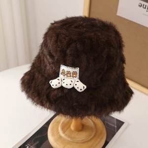 Plush brown bucket hat with cute bear embroidery and 3D bear heads for winter warmth