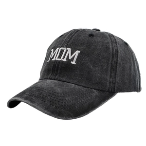 Close-up of white MOM embroidery on vintage washed black cotton baseball cap