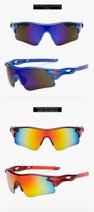 Close-up of polarized outdoor sports sunglasses with blue and burgundy streamlined frames