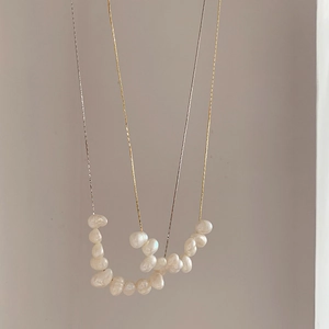 Baroque freshwater pearl U and J letter necklaces in gold and silver finish chains