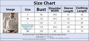 Polka dot long sleeve shirt size guide with chest and length measurements for S-XXL