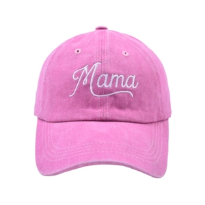 Detailed embroidery of Mama text on a vintage washed cotton baseball cap in rose red