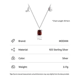 S925 sterling silver necklace featuring a sparkling red rectangular zircon pendant