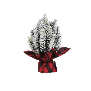 Mini 13cm snowy desktop Christmas tree with red buffalo plaid base for holiday decor