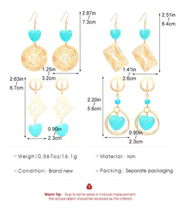Size guide for geometric spiral turquoise earrings showing detailed length and width dimensions
