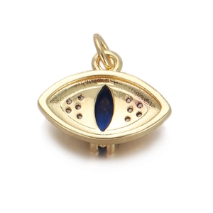Detailed view of 14K gold plated eye pendant with blue gemstone and dual side holes