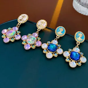 French vintage cameo floral drop earrings with colorful crystals and gold plating