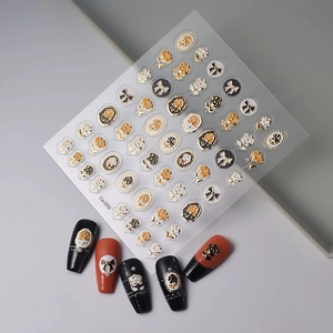 Macro view of 5D gold rose and bow relief nail art stickers on dark manicure samples