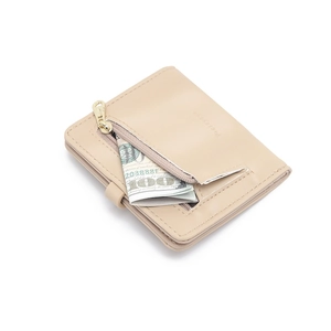 Beige PU leather short bifold wallet for women with gold zipper coin pocket and bow detail