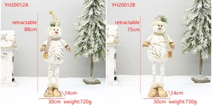 Detail of retractable snowman figurines with gold leaf patterns and plush winter accessories