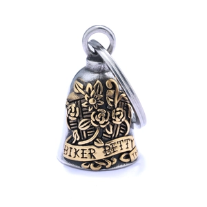 Retro motorcycle guardian bell pendant with golden floral relief and Biker Betty text