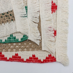 Christmas striped cotton linen table runner with red green embroidery and tassels