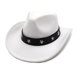 Close-up of white felt cowboy hat with black leather band and silver star rivets
