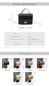 Detailed size specifications and color selection for quilted rhombic flap crossbody bag