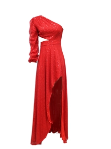 Elegant red one-shoulder sequin evening gown with waist cutout and high leg slit detail