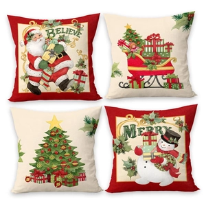 Set of 4 vintage Christmas throw pillow covers with Santa and reindeer on cotton linen