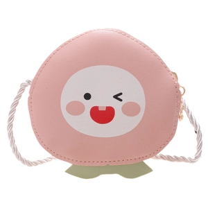 Cute pink peach-shaped mini crossbody bag for girls with cartoon smile and green leaves